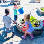 young boy and girl gardening